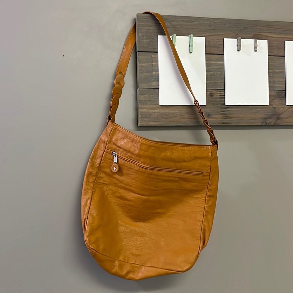 Genuine Leather Camel Shoulder Purse w/ Braided Accent & Silver-Tone Hardware
